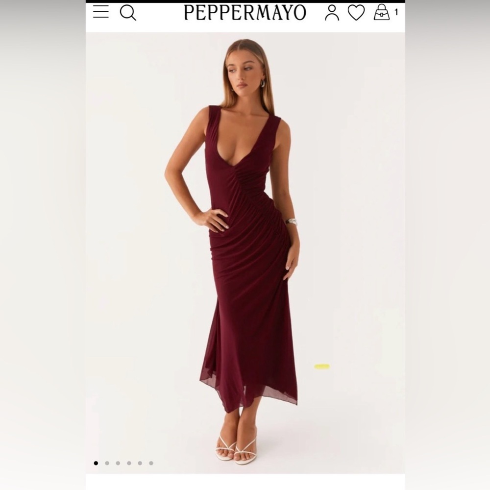 Peppermayo Burgundy V-Neck Ruched Wedding Guest Dress